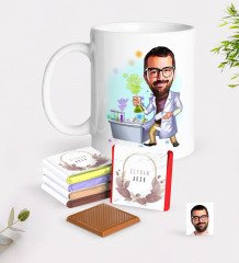 Kişiye Özel Erkek Kimya Öğretmeni Karikatürlü Beyaz Kupa ve Çikolata Hediye Seti-2