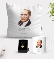 Kişiye Özel Atatürk Temalı Beyaz Kupa Yastık ve İsimli Papatya Kolye Hediye Seti-12