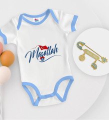 BK Kids Kişiye Özel Maşallah Tasarımlı Mavi Bebek Body Zıbın ve Erkek Bebek İğnesi Hediye Seti-3