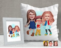 Kişiye Özel 3 Kardeş Karikatürlü Dekoratif Yastık ve Çerçeve Hediye Seti-1