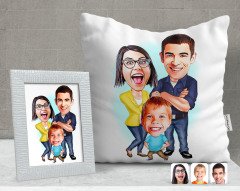 Kişiye Özel Aile Karikatürlü Dekoratif Yastık ve Çerçeve Hediye Seti-1