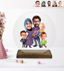 Kişiye Özel Aile Karikatürlü Yuvarlak Ahşap Standlı Biblo-8