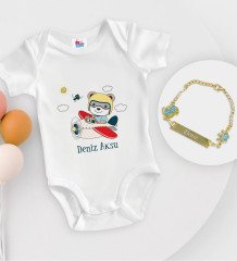 BK Kids Kişiye Özel Sevimli Pilot Tasarımlı Beyaz Bebek Body Zıbın ve Erkek Bebek Künyesi Hediye Seti-1