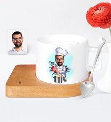 Kişiye Özel Aşçı Karikatür Ahşap Altlıklı Seramik Fincan - 1