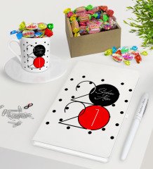 BK Gift Kişiye Özel 2023 Mutlu Yıllar Beyaz Defter Kalem Türk Kahvesi Fincanı ve Kutulu Haribo Şeker Hediye Seti-15