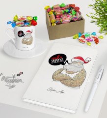 Kişiye Özel Noel Baba Beyaz Defter Kalem Türk Kahvesi Fincanı ve Kutulu Haribo Şeker Hediye Seti-4