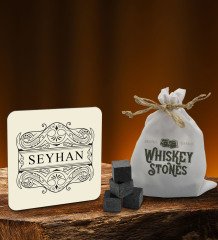 BK Gift Kişiye Özel Ahşap Bardak Altlığı ve 6âlı Granit Viski Taşı Hediye Seti - Model 11