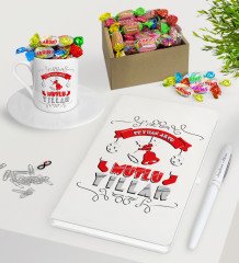 Kişiye Özel Yılbaşı Mutlu Yıllar Beyaz Defter Kalem Türk Kahvesi Fincanı ve Kutulu Haribo Şeker Hediye Seti-7