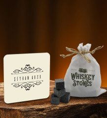 BK Gift Kişiye Özel Ahşap Bardak Altlığı ve 6âlı Granit Viski Taşı Hediye Seti - Model 19