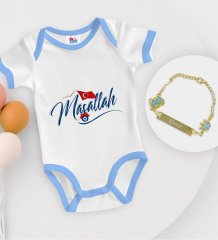 BK Kids Kişiye Özel Maşallah Tasarımlı Mavi Bebek Body Zıbın ve Erkek Bebek Künyesi Hediye Seti-3