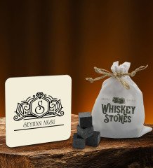 BK Gift Kişiye Özel Ahşap Bardak Altlığı ve 6âlı Granit Viski Taşı Hediye Seti - Model 23