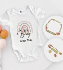 BK Kids Kişiye Özel Baby Tasarımlı Beyaz Bebek Body Zıbın Kız Bebek Künyesi ve İğnesi Hediye Seti-1