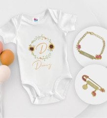 BK Kids Kişiye Özel İsimli Beyaz Bebek Body Zıbın Kız Bebek Künyesi ve İğnesi Hediye Seti-3