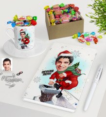 Kişiye Özel Erkek Yeni Yıl Karikatürlü Beyaz Defter Kalem Türk Kahvesi Fincanı ve Kutulu Haribo Şeker Hediye Seti-2