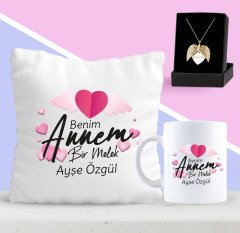 Kişiye Özel Benim Annem Bir Melek Tasarımlı Yastık Kupa ve Melek Kolye Seti