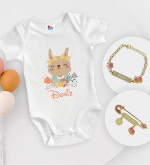BK Kids Kişiye Özel İsimli Beyaz Bebek Body Zıbın Kız Bebek Künyesi ve İğnesi Hediye Seti-14