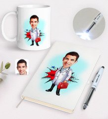 Kişiye Özel Erkek Acil Tıp Teknisyeni Karikatürlü Defter Kupa ve Dokunmatik Işıklı Kalem Seti-1