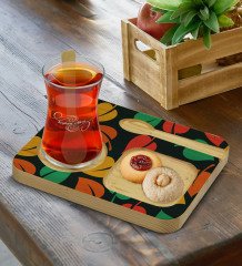 Kişiye Özel Doğal Ahşap Kaşıklı Sunum Tabağı ve Heybeli Çay Bardağı Hediye Seti - Model 9