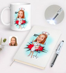 Kişiye Özel Hemşire Karikatürlü Defter Kupa ve Dokunmatik Işıklı Kalem Seti-2