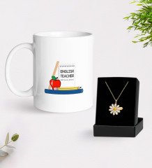 Kişiye Özel İngilizce Öğretmeni Beyaz Kupa ve Papatya Kolye Hediye Seti-2