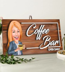 BK Gift Kişiye Özel Coffee Bar Karikatürlü Dekoratif Ahşap Tabela