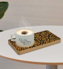 Kişiye Özel Retro Motif Tasarımlı Doğal Ahşap Tabaklı Seramik Fincan Sunum Seti  Model 15