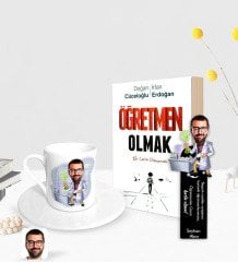 Kişiye Özel Erkek Kimya Öğretmeni Karikatürlü Türk Kahvesi Fincanı Ahşap Kitap Ayracı ve Öğretmen Olmak Kitabı Hediye Seti-2