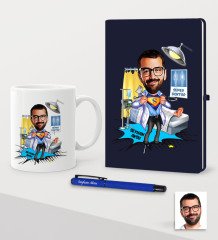 Kişiye Özel Bay Doktor Karikatürlü Lacivert Defter Kalem Kupa Seti - 1