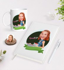 BK Gift Kişiye Özel Kadın En İyi Öğretmen Karikatürlü 2023 Ajanda Kalem ve Kupa Seti-1