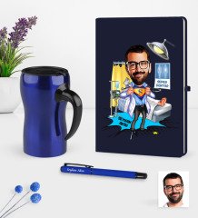 Kişiye Özel Bay Doktor Karikatürlü Lacivert Defter Kalem Termos Mug Seti - 1
