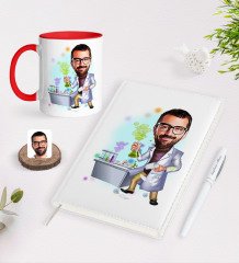 BK Gift Kişiye Özel Erkek Kimya Öğretmeni Karikatürlü 2023 Ajanda Kalem ve Kırmızı Kupa Seti-2