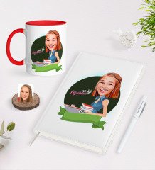 BK Gift Kişiye Özel Kadın En İyi Öğretmen Karikatürlü 2023 Ajanda Kalem ve Kırmızı Kupa Seti-1