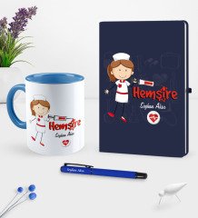 Kişiye Özel Hemşire Temalı Lacivert Defter Kalem Kupa Seti - 5