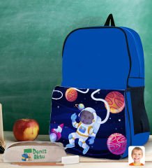 BK Gift Kişiye Özel Astronot Tasarımlı Lacivert Okul Çantası ve Kalemlik Hediye Seti-1