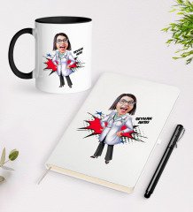 Kişiye Özel Bayan Doktor Karikatürlü Beyaz Defter Kalem Siyah Kupa Seti - 1