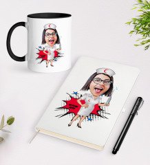 Kişiye Özel Hemşire Karikatürlü Beyaz Defter Kalem Siyah Kupa Seti - 1