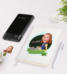 Kişiye Özel Bayan En İyi Öğretmen Karikatürlü Beyaz Defter Kalem 10.000 Mah Powerbank Hediye Seti-1