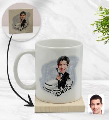 Kişiye Özel Erkek Ajan Karikatürlü Beyaz Kupa Bardak ve Ahşap Bardak Altlığı Hediye Seti - Model 1
