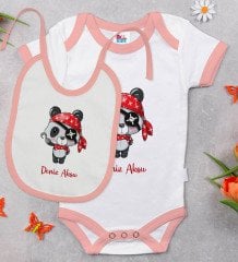 BK Kids Kişiye Özel Sevimli Korsan Tasarımlı Pembe Bebek Body Zıbın ve Mama Önlüğü Hediye Seti-1