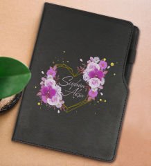 BK Gift Kişiye Özel Çiçek Tasarımlı Siyah Termo Deri Not Defteri 15x21cm-3