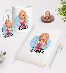 Kişiye Özel Kadın Aşçı Karikatürlü Beyaz Defter Kalem Kupa ve Anahtarlık Hediye Seti-1