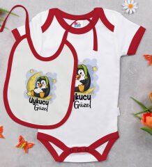 BK Kids Uykucu Güzel Tasarımlı Kırmızı Bebek Body Zıbın ve Mama Önlüğü Hediye Seti-1