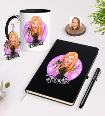 Kişiye Özel Kadın Güzellik Uzmanı Karikatürlü Siyah Defter Kalem Kupa ve Anahtarlık Hediye Seti-1