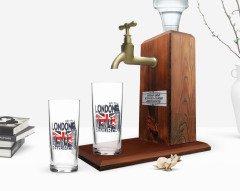 Kişiye Özel Renkli Baskılı London Tasarımlı İkili Rakı Bardağı ve Ahşap Rakı Standı Hediye Seti-3