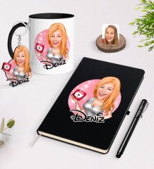 Kişiye Özel Kadın Youtuber Karikatürlü Siyah Defter Kalem Kupa ve Anahtarlık Hediye Seti-2
