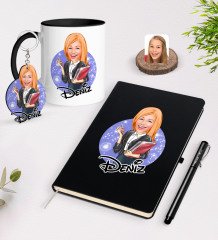 Kişiye Özel Kadın Yönetici Karikatürlü Siyah Defter Kalem Kupa ve Anahtarlık Hediye Seti-1