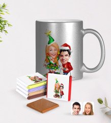 Kişiye Özel Yeni Yıl Sevgililer Karikatürlü Krom Kupa ve Çikolata Hediye Seti-1