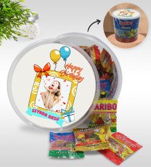 Kişiye Özel İsimli Fotoğraflı Doğum Günü Tasarımlı Dev Boy Haribo Minis Kovası (10gx100adet) Model 12
