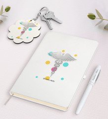 Kişiye Özel Tıp Sembolü Beyaz Defter Kalem ve Anahtarlık Hediye Seti