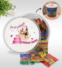 Kişiye Özel İsimli Fotoğraflı Doğum Günü Tasarımlı Dev Boy Haribo Minis Kovası (10gx100adet) Model 17